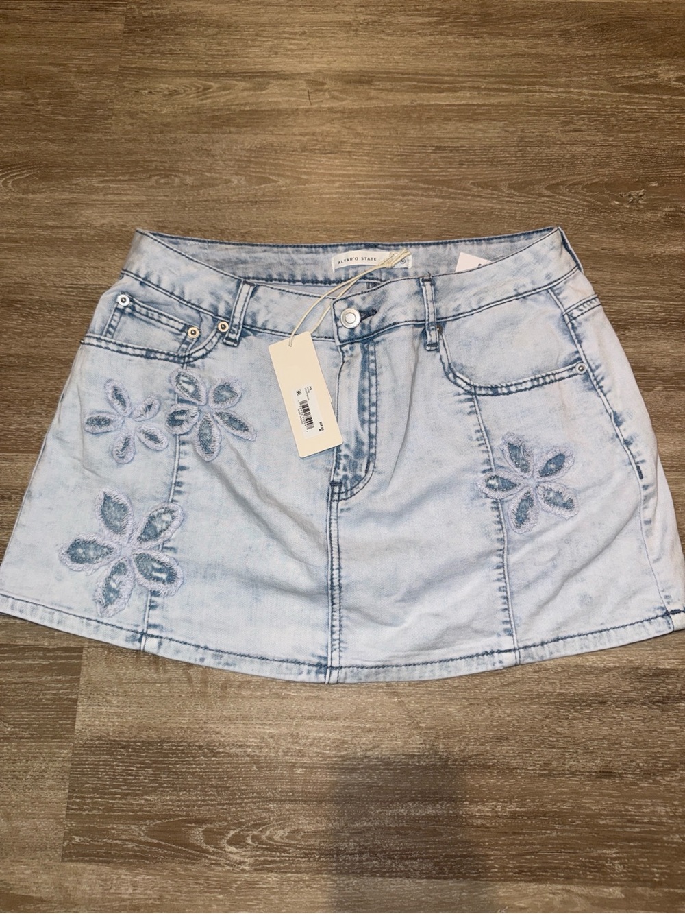 Altar'd State Light Blue Floral Embroidered Denim Mini Skirt